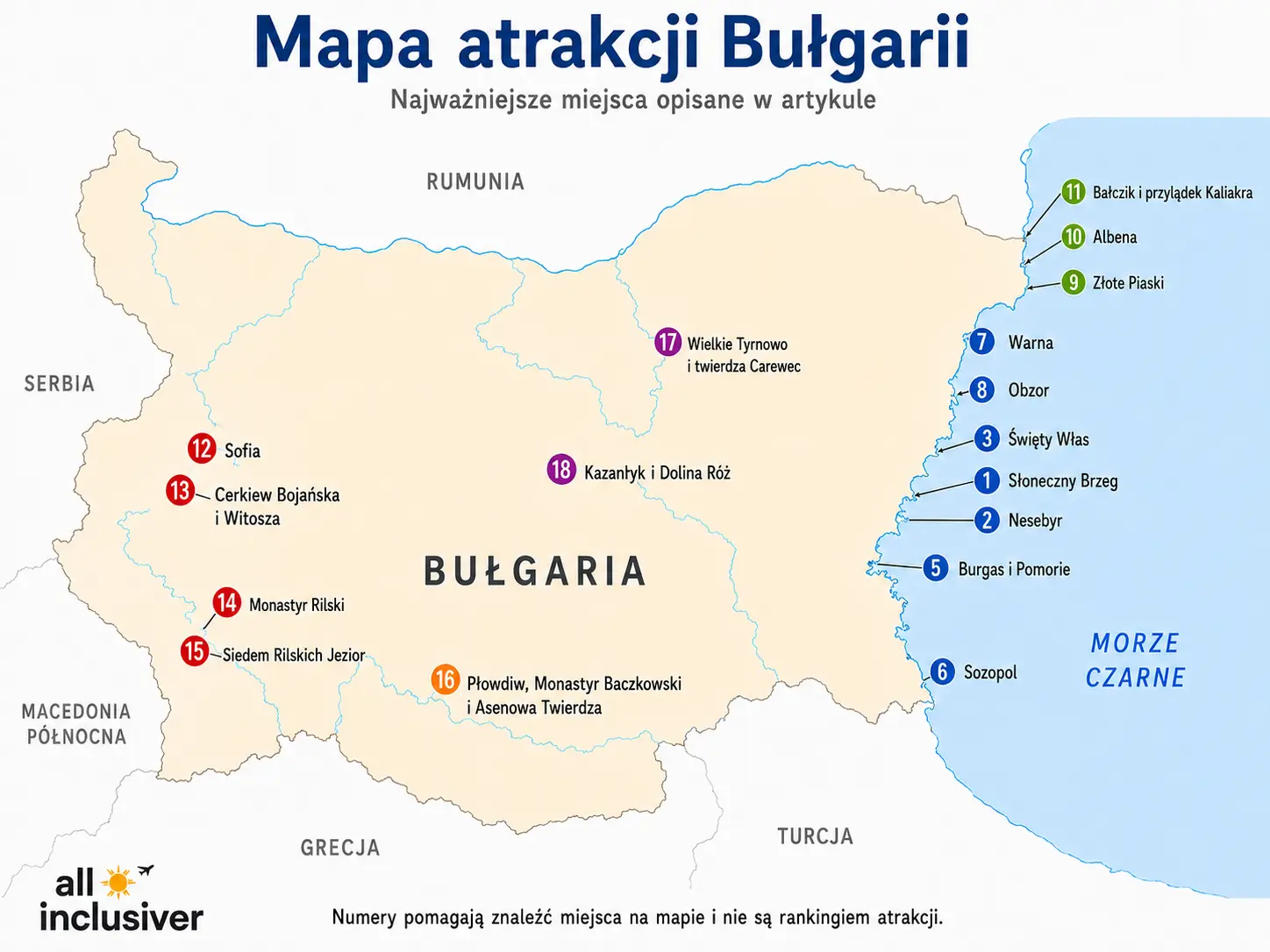 Mapa atrakcji Bułgarii z oznaczonymi miejscami nad Morzem Czarnym, w tym Słonecznym Brzegiem, Nesebyrem, Warną, Złotymi Piaskami, Albeną, Bałczikiem i Kaliakrą, a także Sofią, Monastyrem Rilskim, Płowdiwem, Wielkim Tyrnowem i Kazanłykiem.