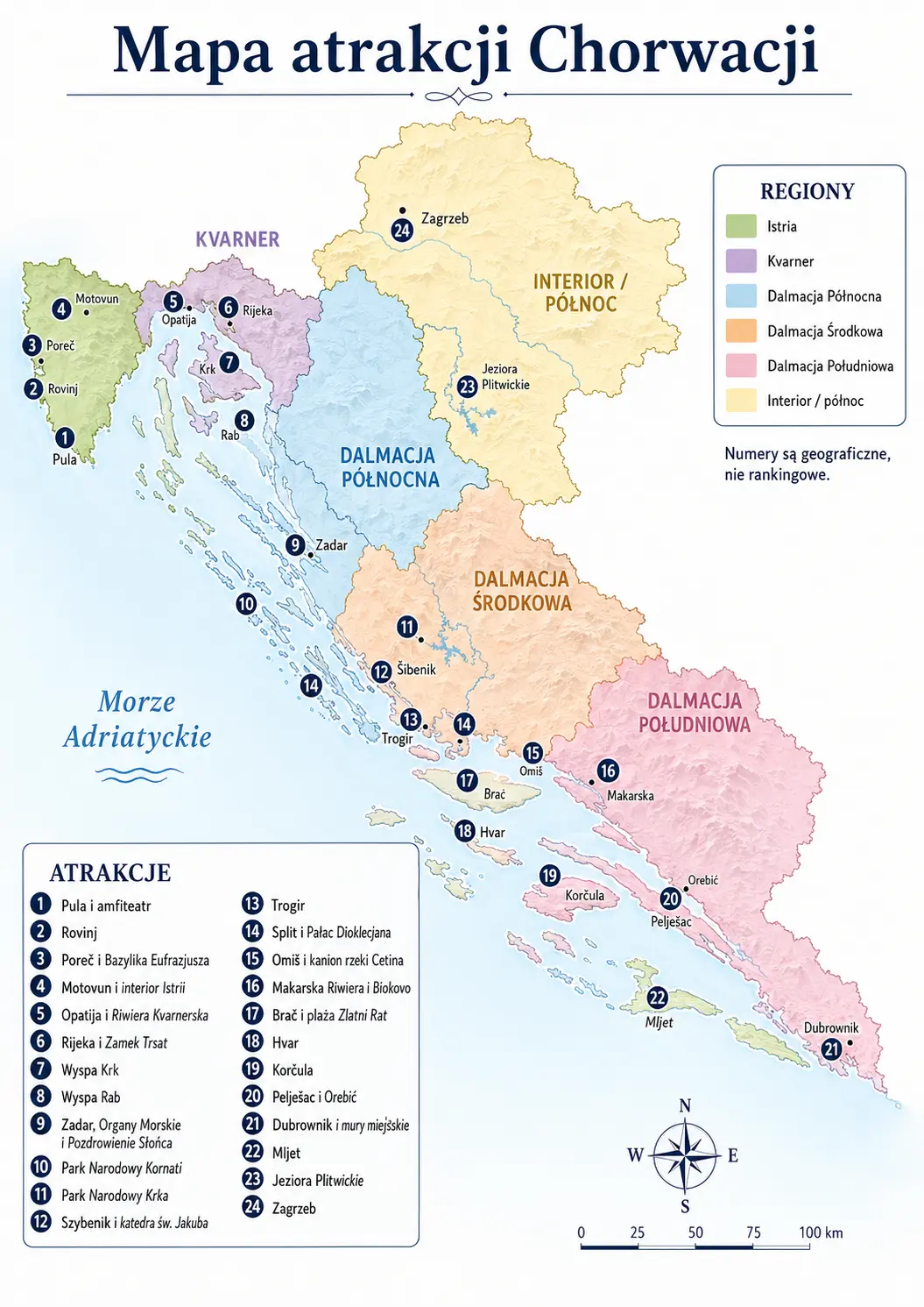Mapa atrakcji Chorwacji z oznaczonymi miejscami w Istrii, Kvarnerze, Dalmacji P&oacute;łnocnej, Dalmacji Środkowej, Dalmacji Południowej oraz w interiorze, w tym Plitwicami i Zagrzebiem.