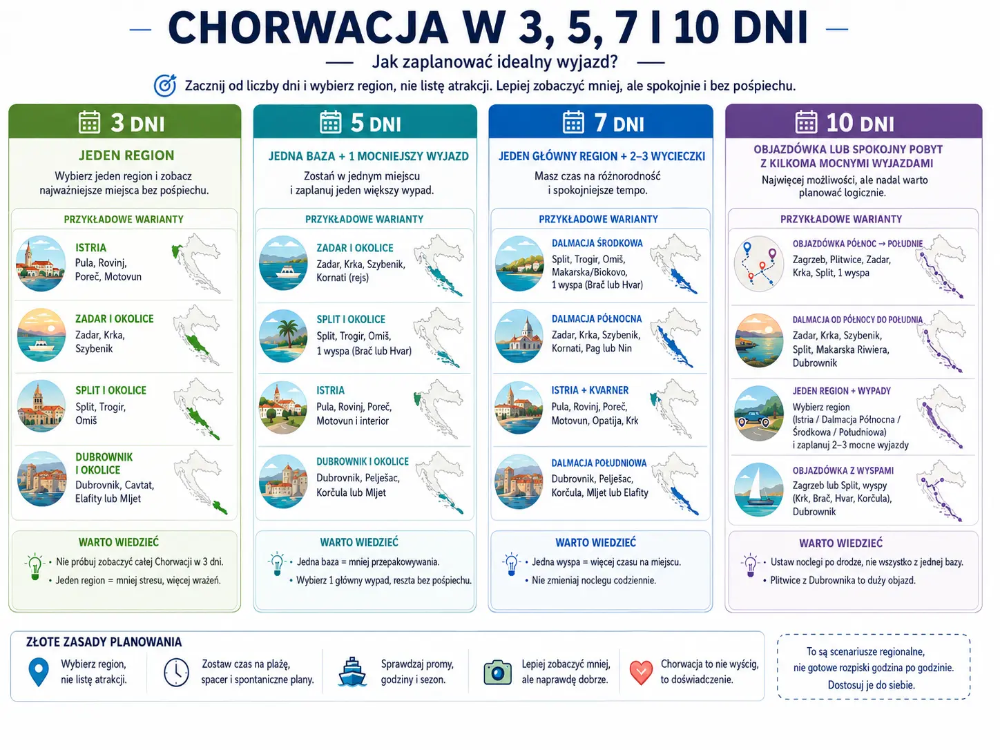 Infografika pokazująca, jak zaplanować zwiedzanie Chorwacji w 3, 5, 7 i 10 dni, z przykładami tras regionalnych i objazdowych.