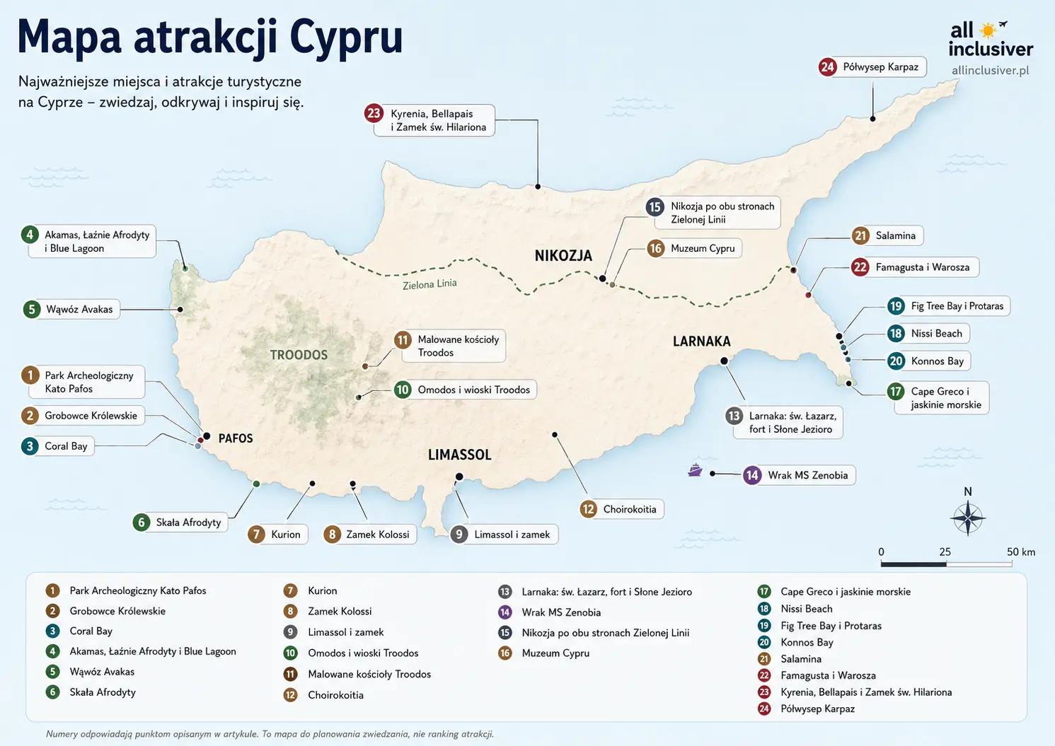 Mapa atrakcji Cypru z oznaczonymi miejscami w Pafos, Limassol, Larnace, Nikozji, Ayia Napie, Troodos i na Cyprze P&oacute;łnocnym.