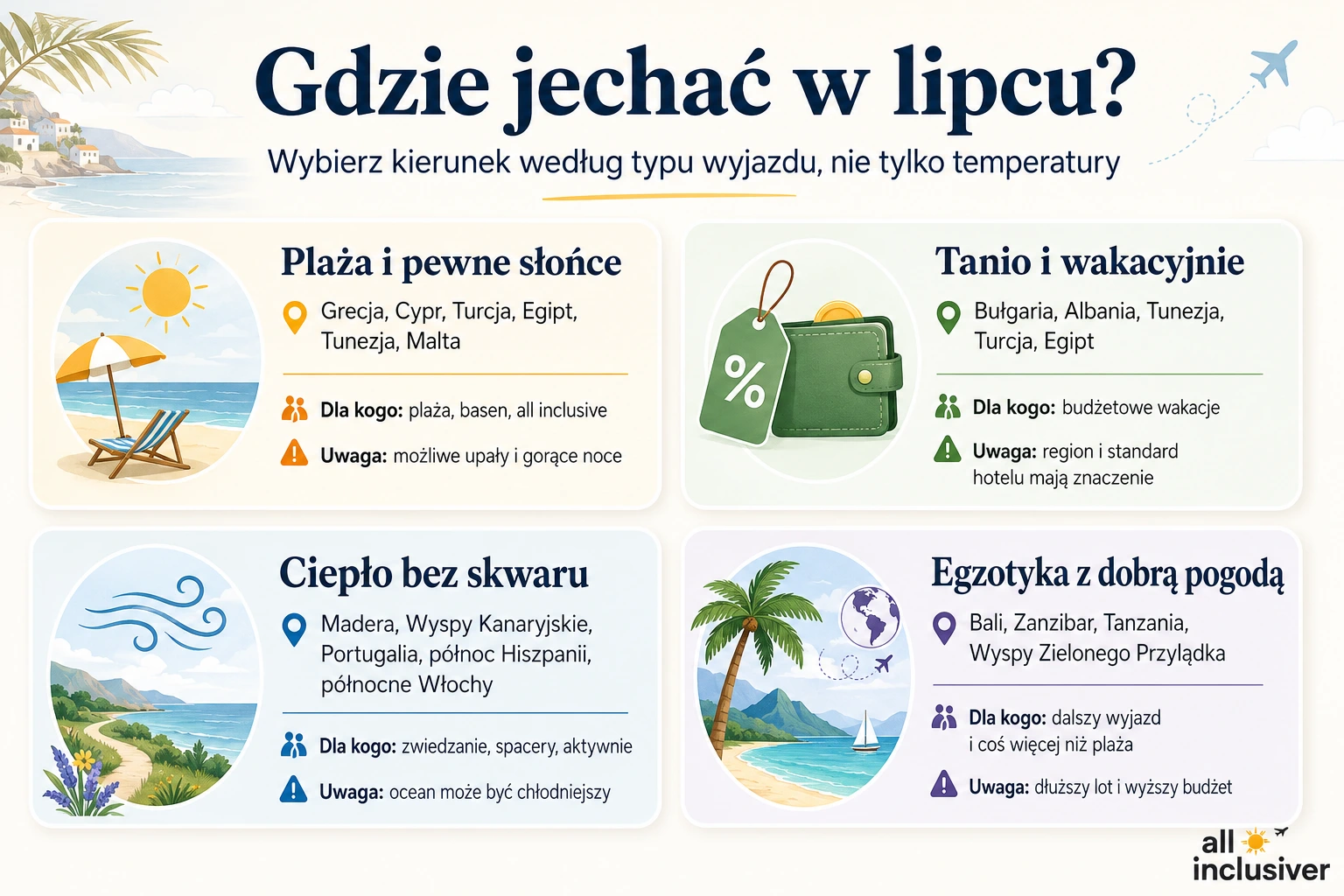Infografika pokazująca, gdzie jechać na wakacje w lipcu według typu wyjazdu: plaża i pewne słońce, tanie wakacje, ciepło bez skwaru oraz egzotyka z dobrą pogodą.
